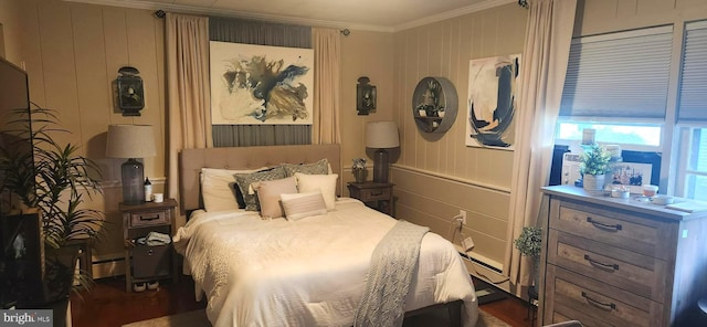 bedroom with ornamental molding and dark wood-type flooring