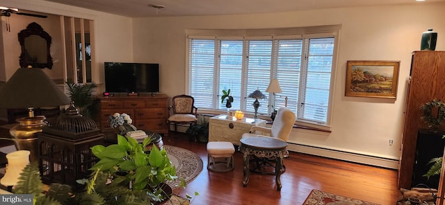 living area featuring a baseboard radiator and wood finished floors