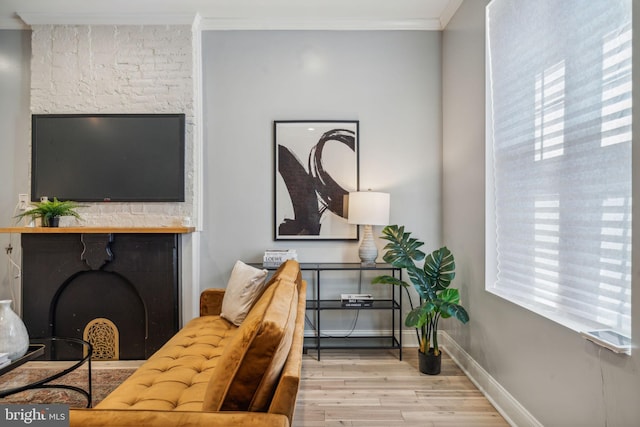 living room featuring a fireplace, crown molding, and light hardwood / wood-style floors