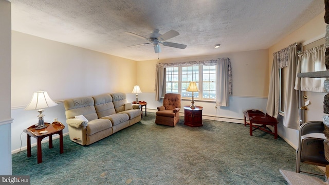 carpeted living room with ceiling fan, a textured ceiling, and a baseboard radiator