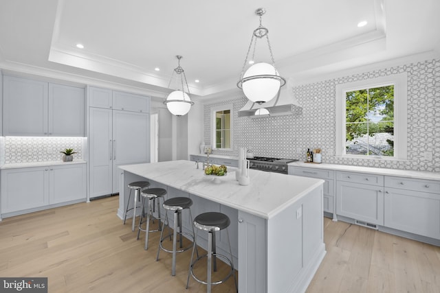 kitchen featuring light hardwood / wood-style floors, tasteful backsplash, a raised ceiling, range with gas stovetop, and a kitchen island