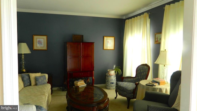 sitting room with ornamental molding and light carpet