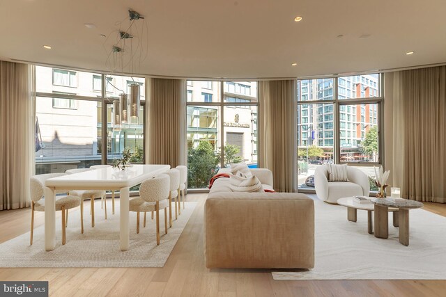 dining space featuring sink, expansive windows, and light hardwood / wood-style floors