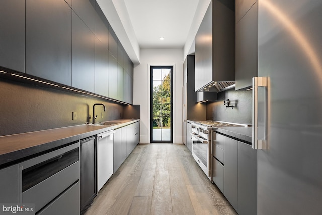 kitchen with wall chimney range hood, tasteful backsplash, high end appliances, sink, and light wood-type flooring