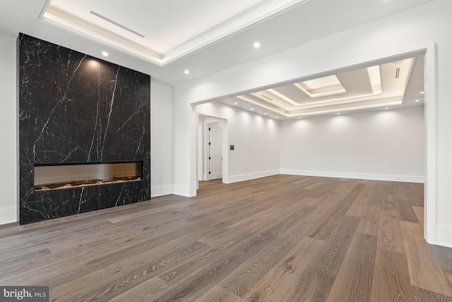 interior space featuring a premium fireplace, wood-type flooring, and a tray ceiling