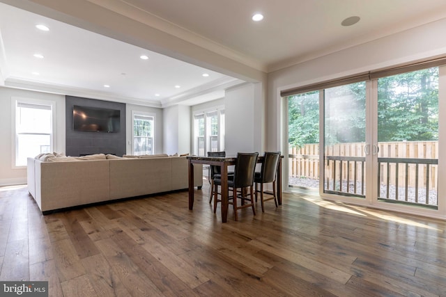 living area featuring ornamental molding, dark wood-type flooring, and recessed lighting