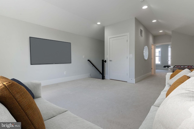 bedroom featuring recessed lighting, light carpet, visible vents, baseboards, and vaulted ceiling