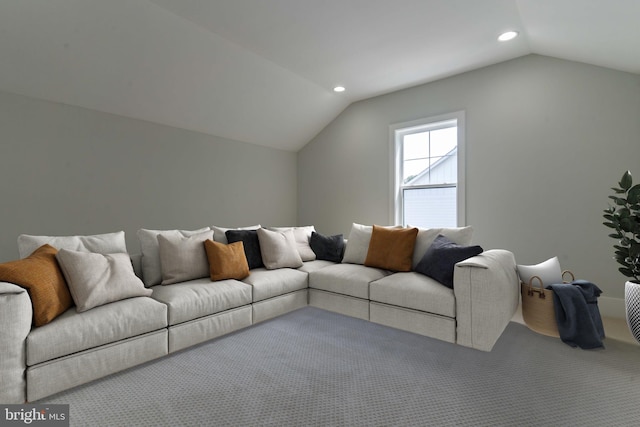 living room with lofted ceiling, carpet flooring, and recessed lighting