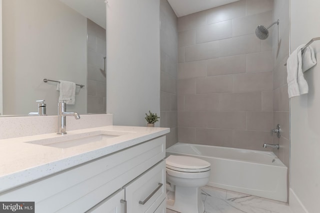 full bathroom featuring bathtub / shower combination, vanity, toilet, and marble finish floor