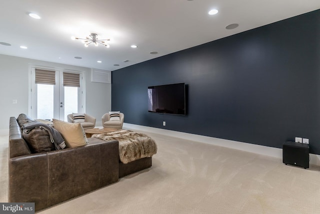 living room with recessed lighting, light colored carpet, visible vents, and baseboards