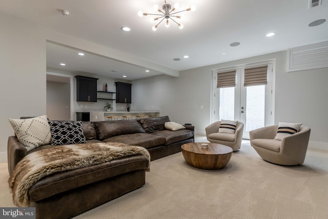 living area featuring a chandelier, carpet flooring, beamed ceiling, and recessed lighting