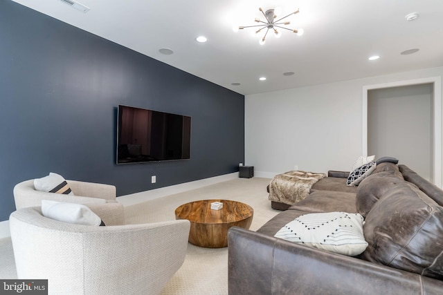 living room featuring baseboards, recessed lighting, visible vents, and light colored carpet