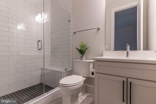 full bathroom with a shower stall, toilet, and vanity