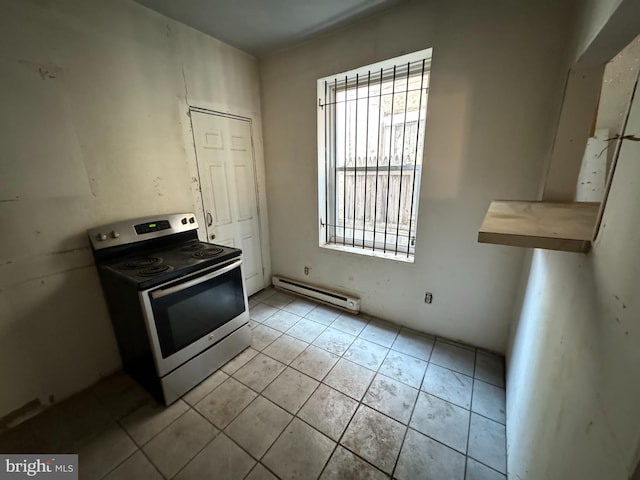 kitchen featuring light tile patterned floors, stainless steel range with electric cooktop, and a baseboard radiator