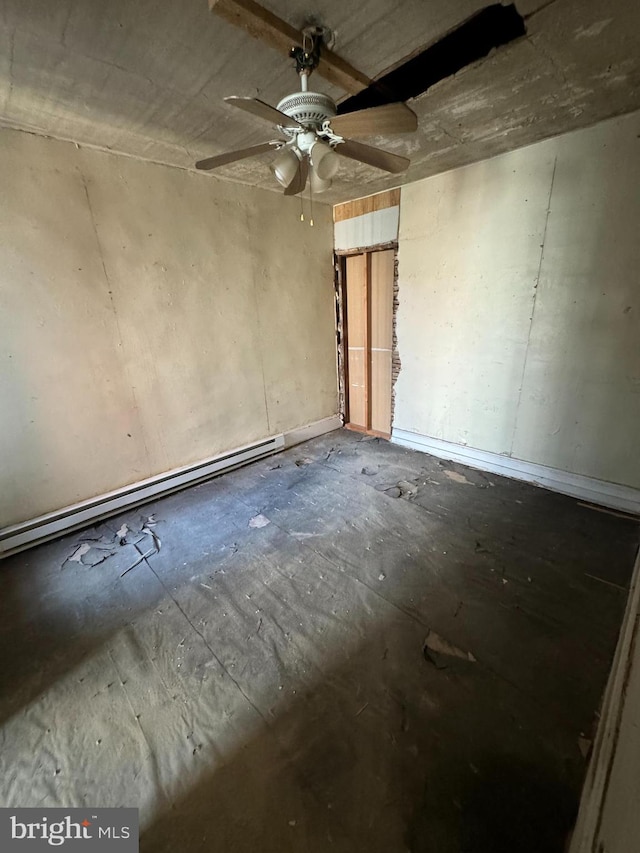 unfurnished room featuring a baseboard radiator and ceiling fan