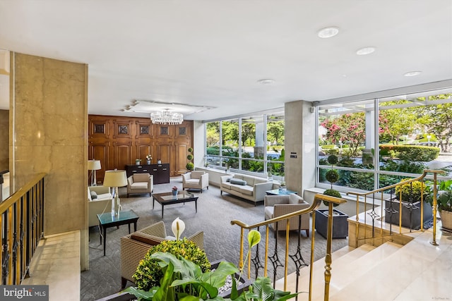 living room featuring a chandelier