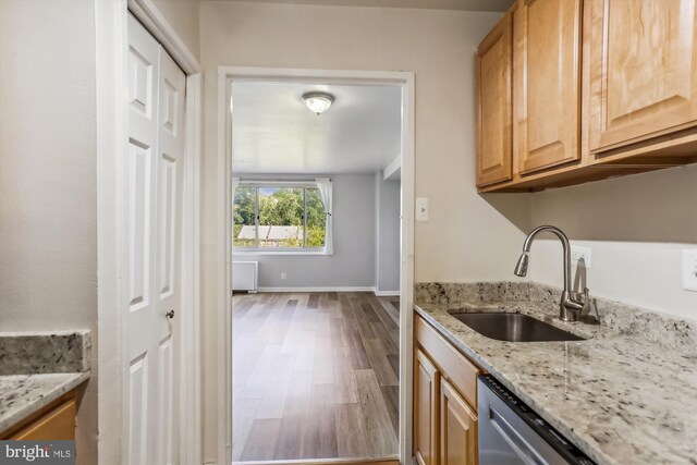 kitchen with hardwood / wood-style flooring, stainless steel dishwasher, light stone counters, and sink