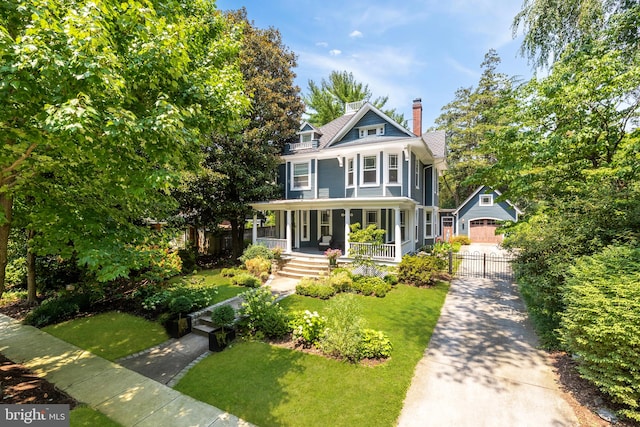 victorian home with a garage, a front lawn, and covered porch