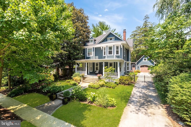 view of front of home with a porch, a front lawn, a chimney, and fence