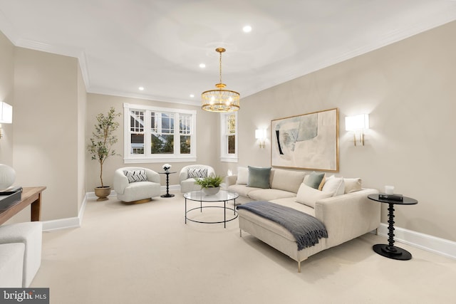 living area featuring ornamental molding, carpet, baseboards, and recessed lighting