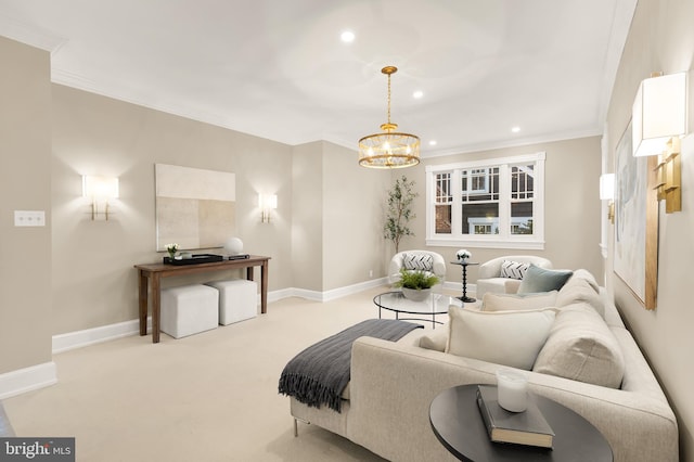 carpeted living room featuring baseboards, a chandelier, crown molding, and recessed lighting