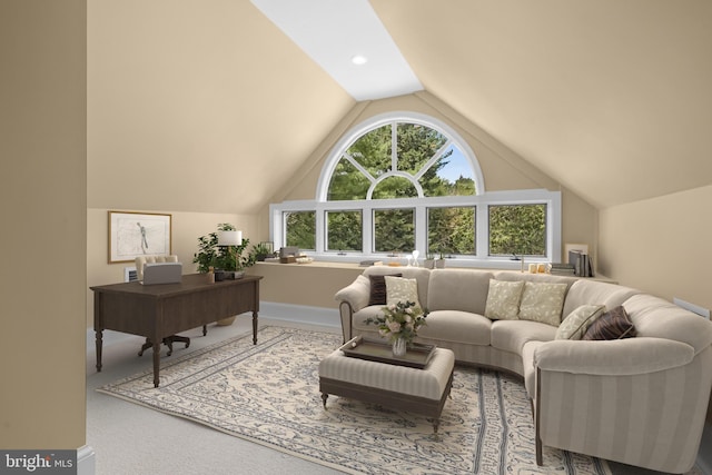 carpeted living area with lofted ceiling, baseboards, and recessed lighting