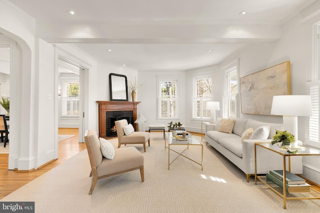 living room featuring a wealth of natural light, a high end fireplace, arched walkways, and wood finished floors