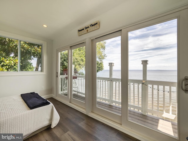 interior space featuring a water view, dark hardwood / wood-style flooring, and access to exterior