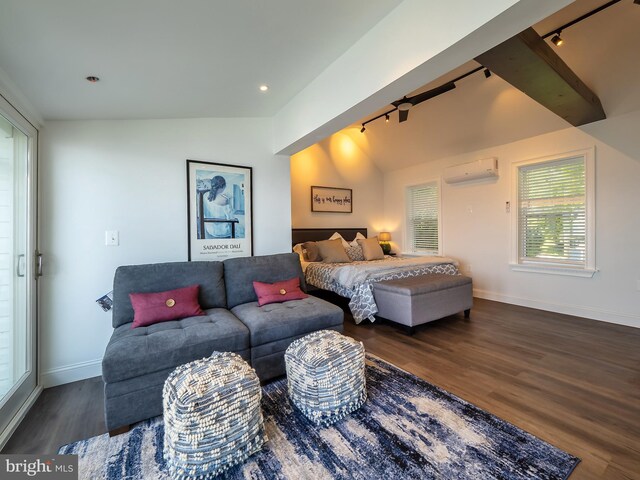 bedroom with vaulted ceiling with beams, ornate columns, dark hardwood / wood-style flooring, and multiple windows