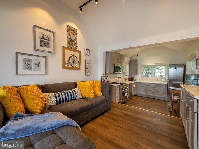 living room featuring track lighting, high vaulted ceiling, and hardwood / wood-style flooring