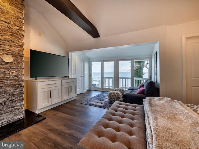 living room featuring beam ceiling, high vaulted ceiling, and dark wood-type flooring