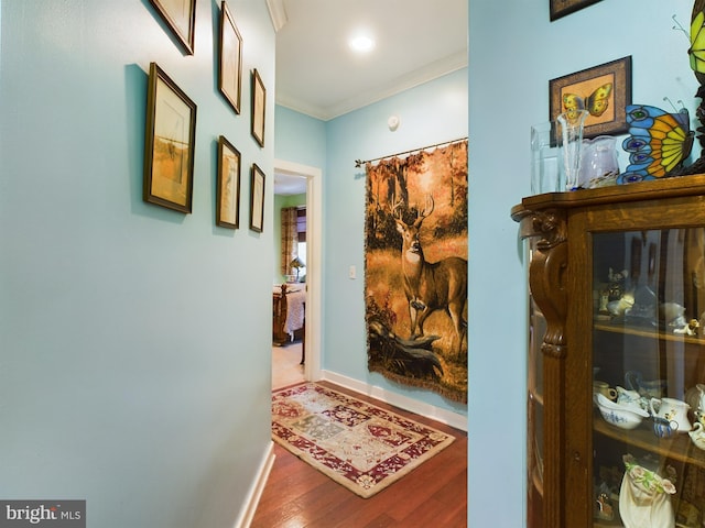 hallway with baseboards, ornamental molding, and wood finished floors