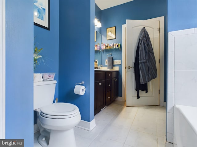 full bathroom with vanity, toilet, separate shower and tub, and tile patterned flooring