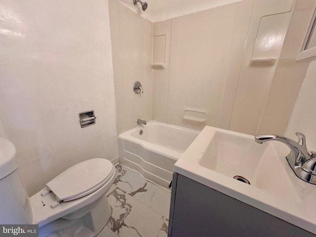 full bathroom featuring toilet, tile patterned floors, vanity, and bathing tub / shower combination