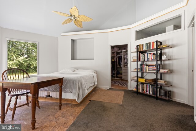 bedroom featuring a walk in closet, lofted ceiling, dark carpet, and a closet