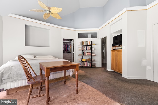 bedroom featuring high vaulted ceiling, ceiling fan, and dark colored carpet