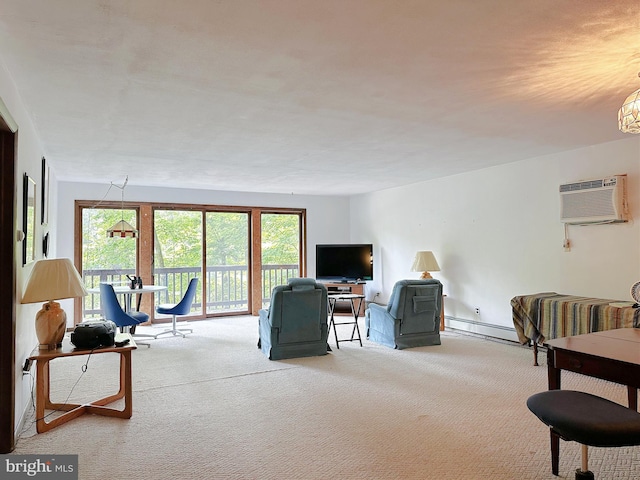 living room featuring a wall unit AC, light carpet, and a baseboard radiator