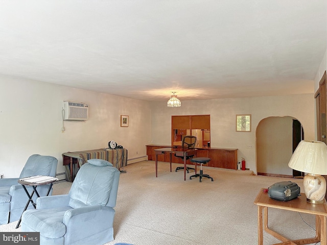 living room with a wall mounted air conditioner, carpet, baseboard heating, a baseboard radiator, and a chandelier