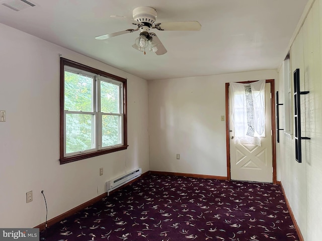 unfurnished room with a baseboard radiator, carpet floors, a ceiling fan, and baseboards
