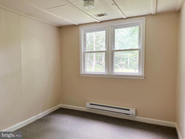 carpeted empty room featuring baseboard heating and baseboards