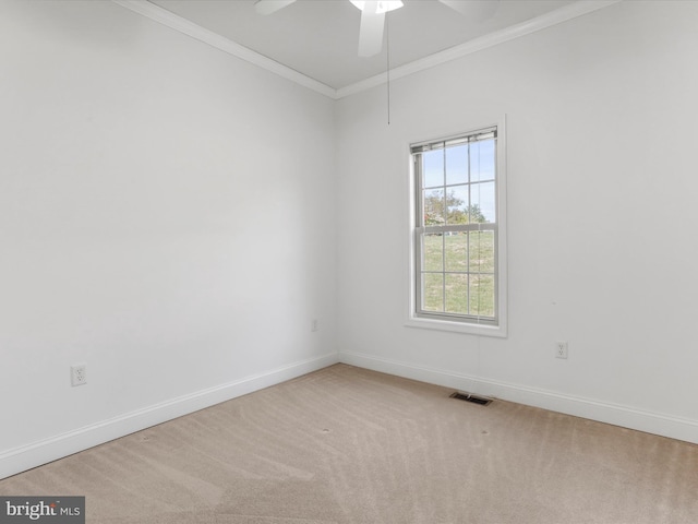 carpeted spare room with ceiling fan and crown molding