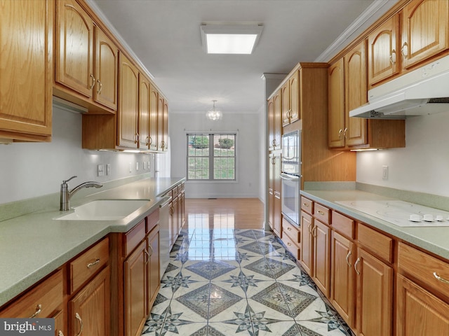 kitchen with crown molding, sink, white electric stovetop, and an inviting chandelier