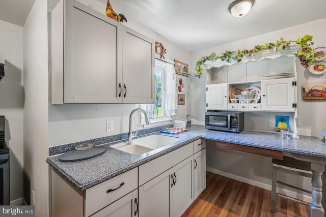 kitchen featuring dark wood-type flooring, stainless steel microwave, a sink, and stove