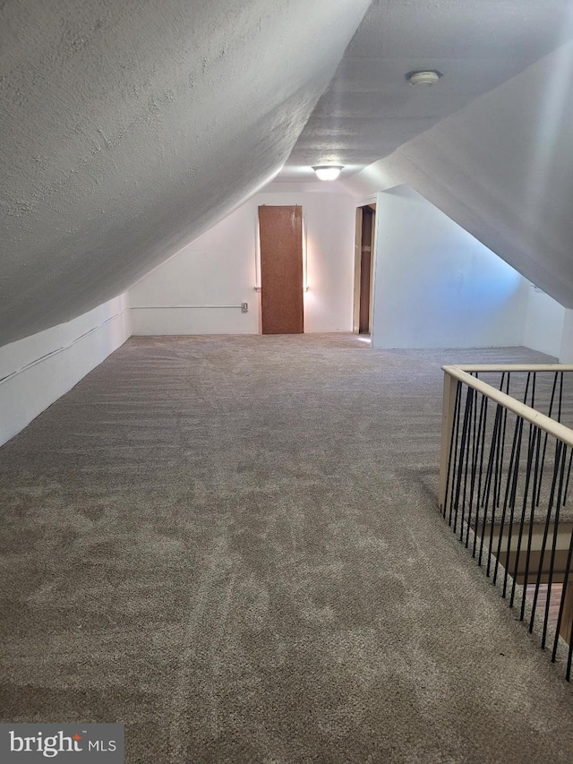 additional living space with carpet floors, a textured ceiling, and vaulted ceiling