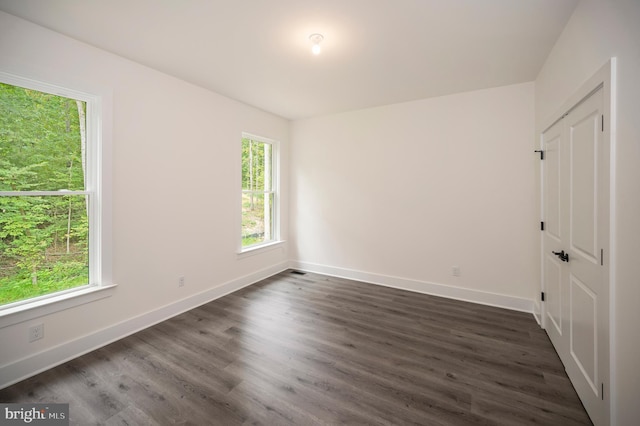 spare room featuring dark hardwood / wood-style flooring and a wealth of natural light