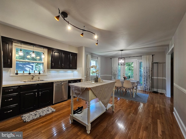 kitchen featuring backsplash, sink, rail lighting, dark wood-type flooring, and dishwasher