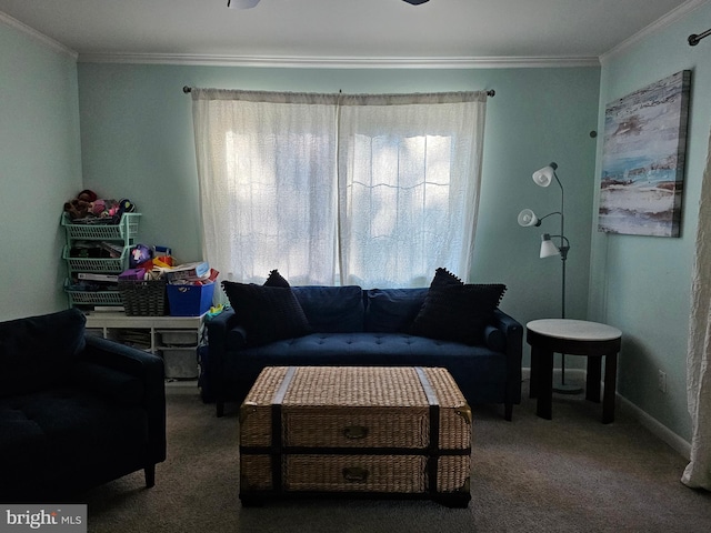 carpeted living room with crown molding