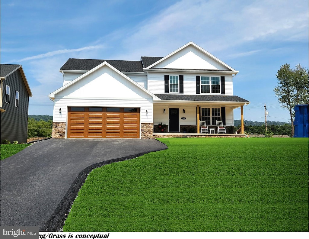 view of front of house featuring aphalt driveway, stone siding, covered porch, a front yard, and an attached garage