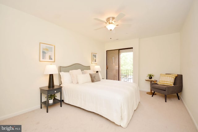 carpeted bedroom featuring ceiling fan and access to exterior