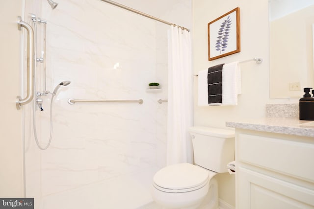 bathroom with walk in shower, vanity, and toilet